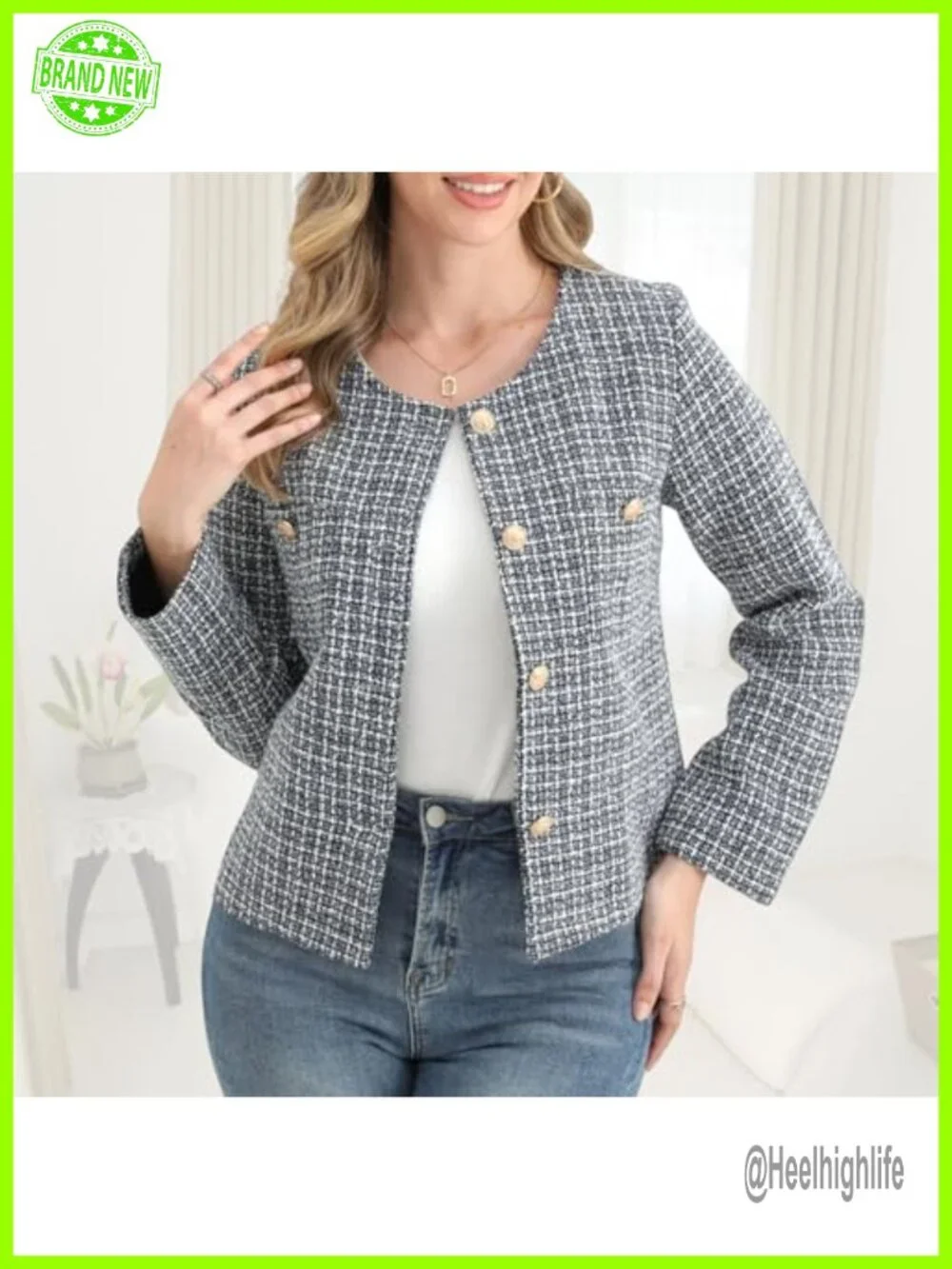 Womens Tweed Blazer Long Sleeve Round Neck Business Casual Coat